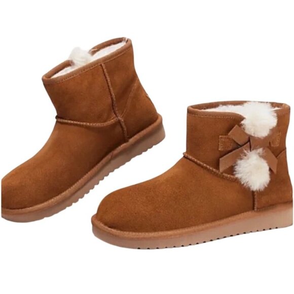 Koolaburra by UGG Victoria Mini Boots in Chestnut Suede Faux Fur Poms Size 7 New - Picture 5 of 11